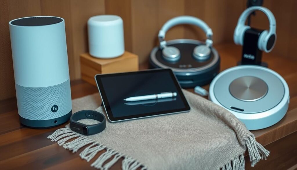 A neatly arranged display of tech gifts for mom, showcasing a variety of practical and innovative products. In the foreground, a sleek, minimalist smart speaker with voice control sits atop a wooden side table, next to a slim, stylish fitness tracker. In the middle ground, a tablet computer with a stylus rests on a neutral-toned throw blanket, accompanied by a wireless charging pad. In the background, a modern wireless noise-cancelling headphone set and a robotic vacuum cleaner are positioned, suggesting a range of thoughtful tech solutions to simplify and enhance mom's daily life. The scene is illuminated by a warm, diffused lighting, creating a cozy and inviting atmosphere.