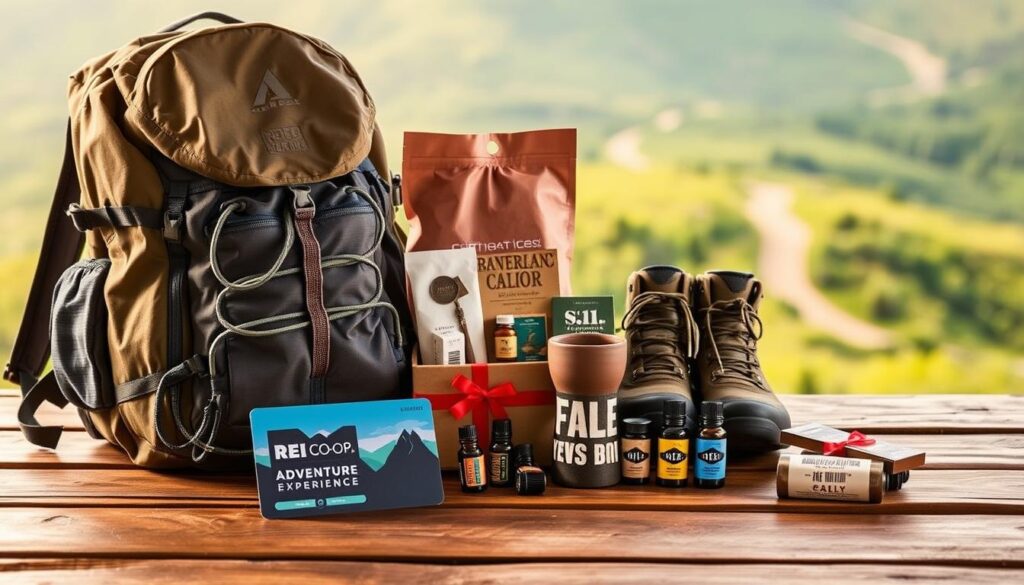 An REI Co-op adventure experience gift card sits prominently on a rustic wooden table, surrounded by a variety of unique and thoughtful Mother's Day gifts. In the foreground, a set of high-quality outdoor gear - a lightweight backpack, a weatherproof jacket, and a pair of hiking boots - are neatly arranged, conveying a sense of exploration and active adventure. In the middle ground, a variety of small, artisanal items such as a handcrafted ceramic mug, a natural candle, and a set of essential oils create a cozy, personalized atmosphere. The background features a soft, blurred landscape with lush greenery and a hint of a winding trail, evoking the natural world and the spirit of exploration. The overall scene is bathed in warm, natural lighting, creating a welcoming and inviting ambiance.